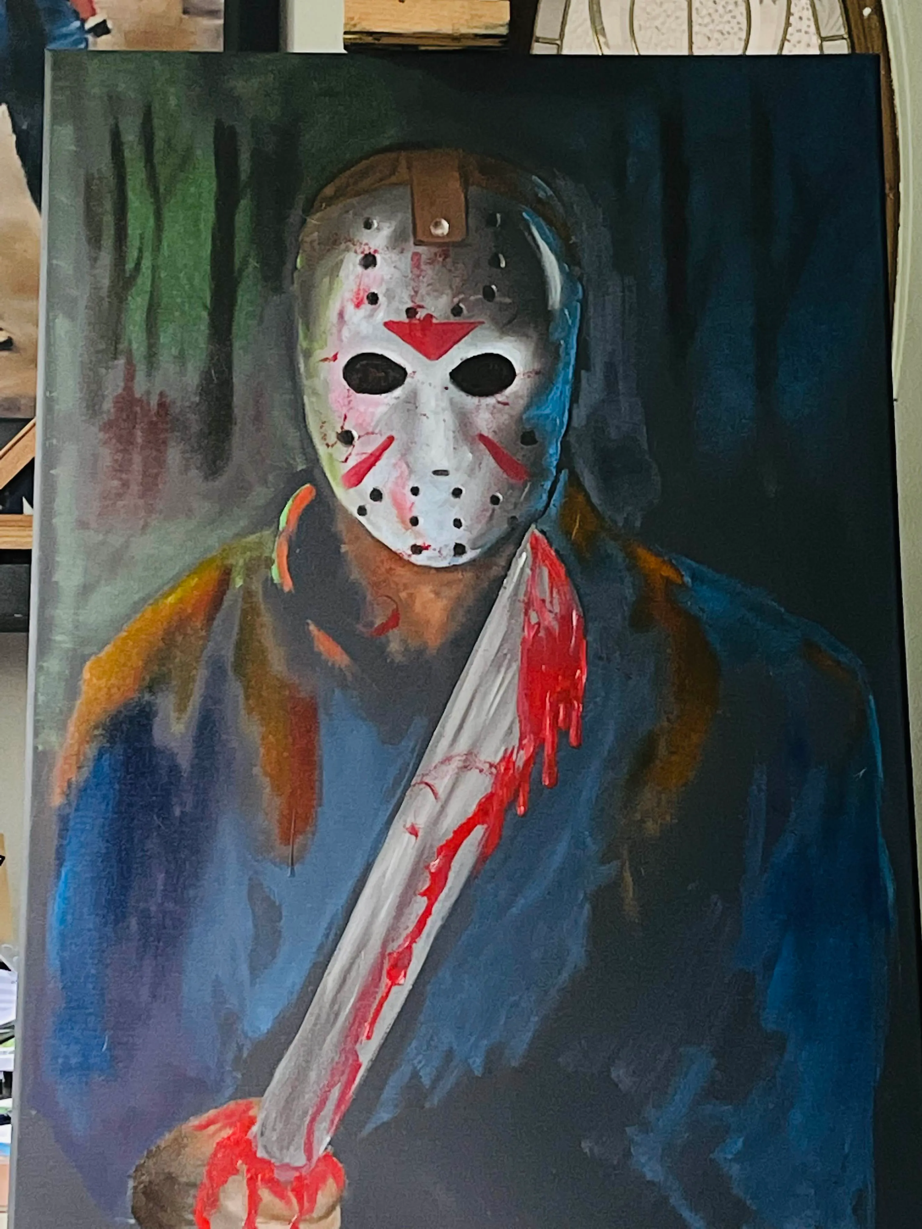 A dark oil painting of a figure in a hockey mask holding a bloodied machete.