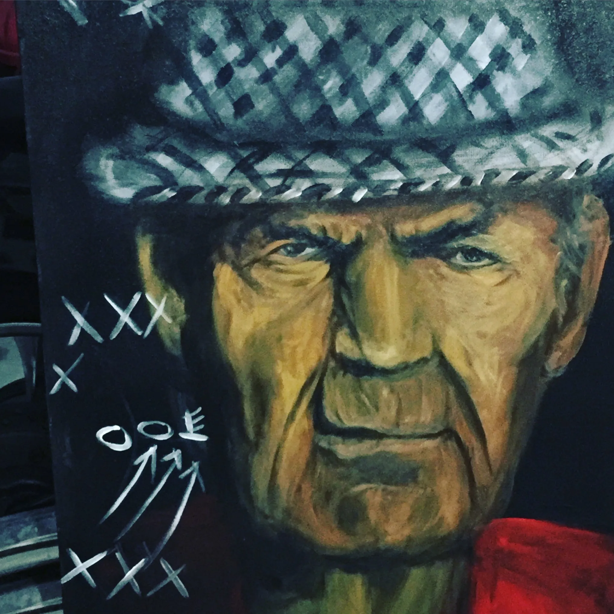 An oil painting close-up portrait of an older man wearing a checkered cap.