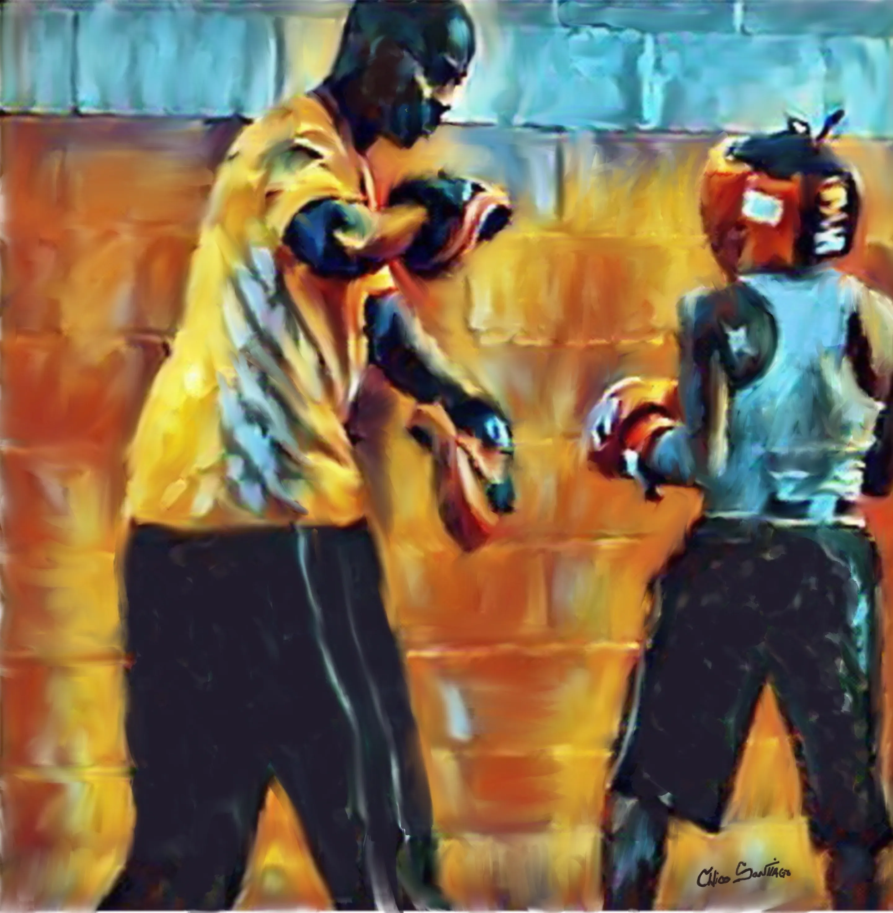 A warm-toned painting of two boxers sparring against a golden brick wall.