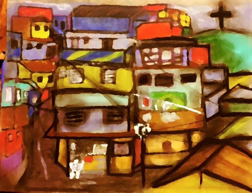 A colorful painting of stacked hillside houses with a black cross on the hill above.
