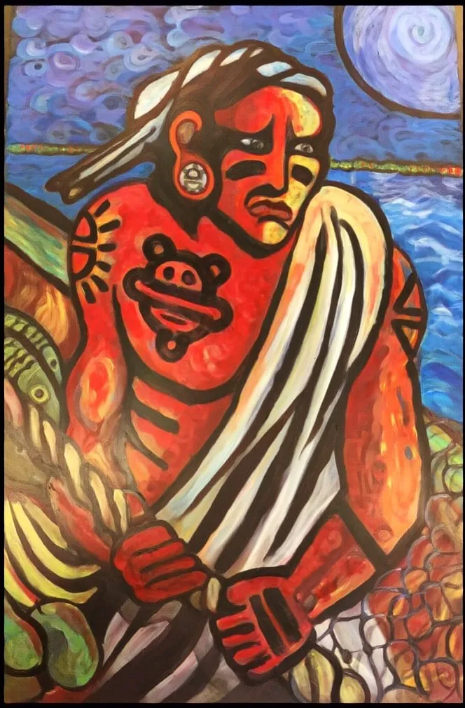A bold, cubist-style painting of a taino fisherman in red pulling a net beside the ocean.
