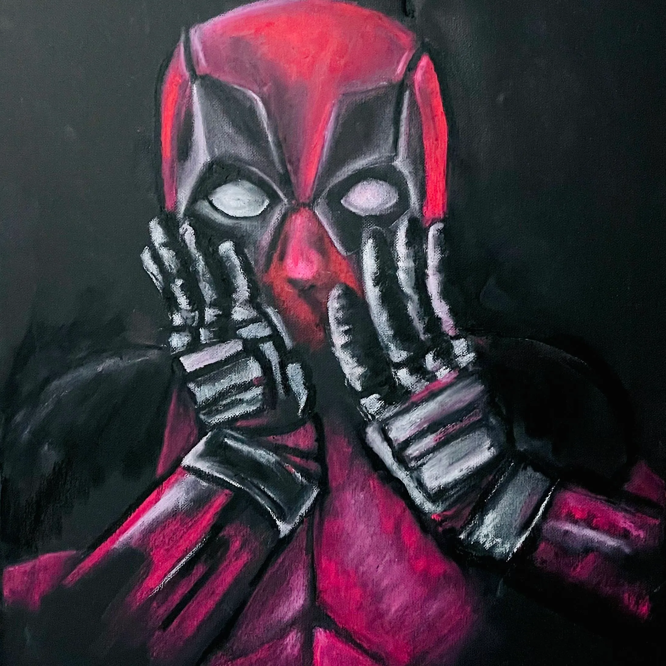A painting of a red and black masked character with both hands pressed against his face.