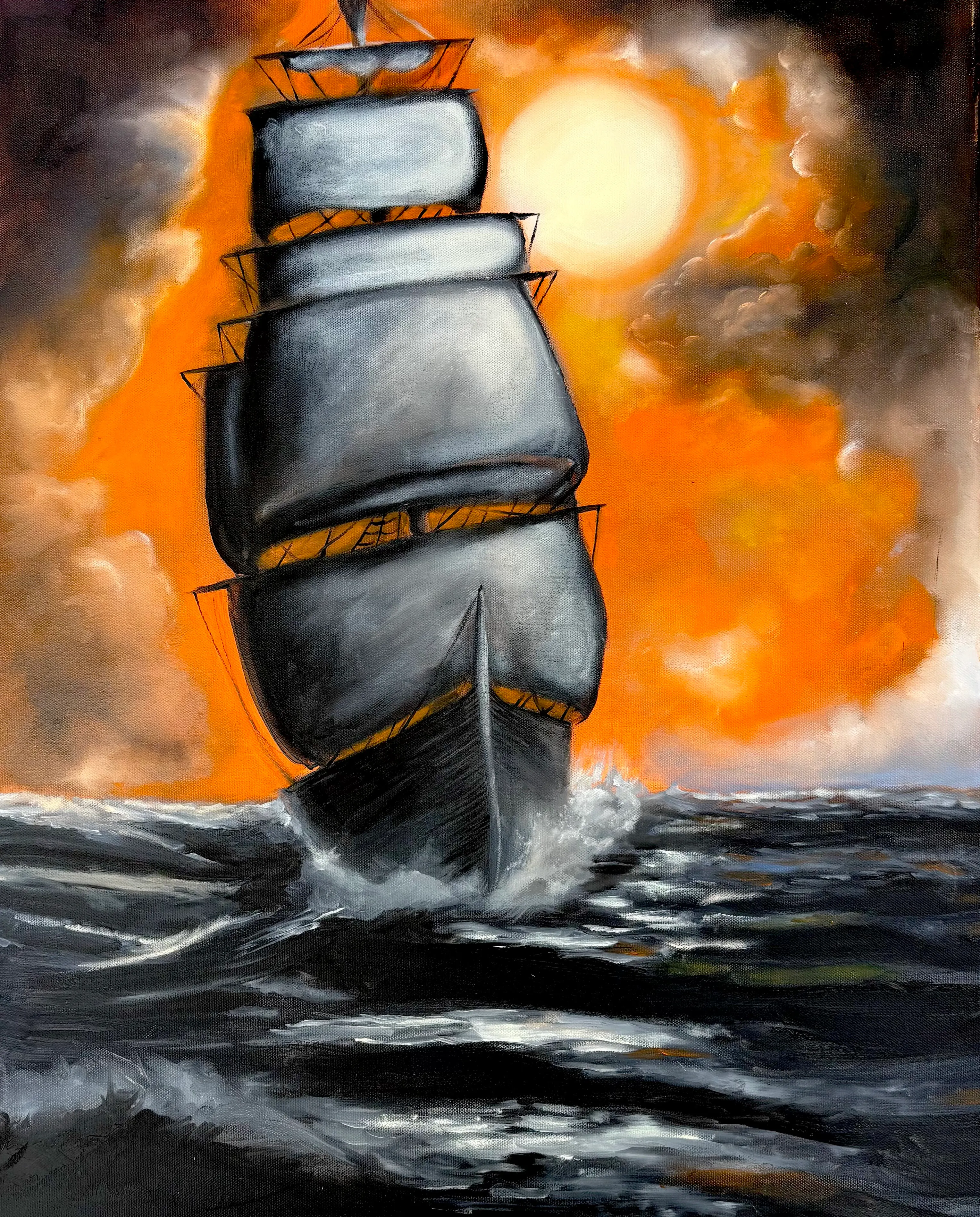 A painting of a tall sailing ship under full sail crashing through waves at sunset.