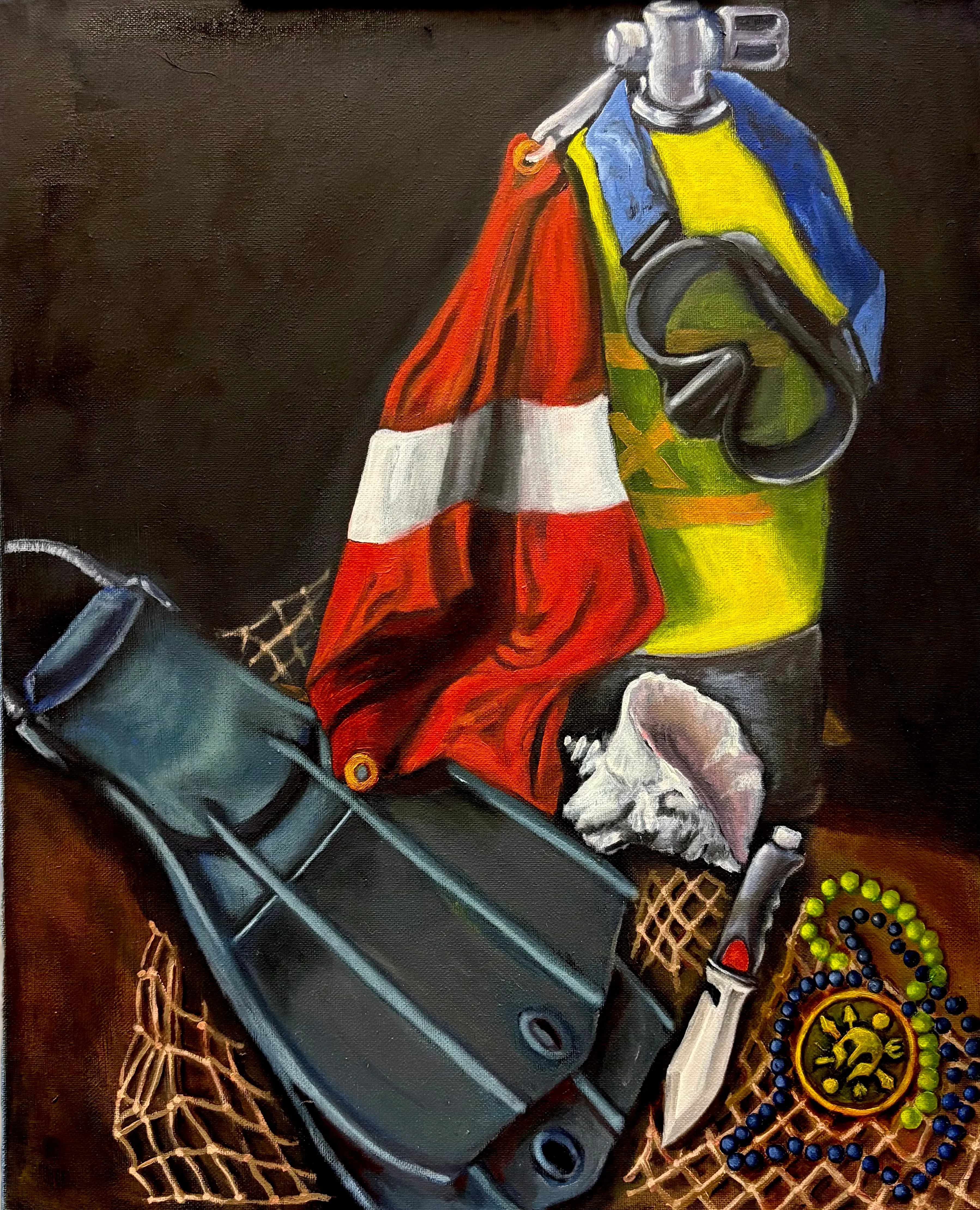 An oil painting still life of scuba fins, a dive flag, a knife, and netting on a wooden surface.