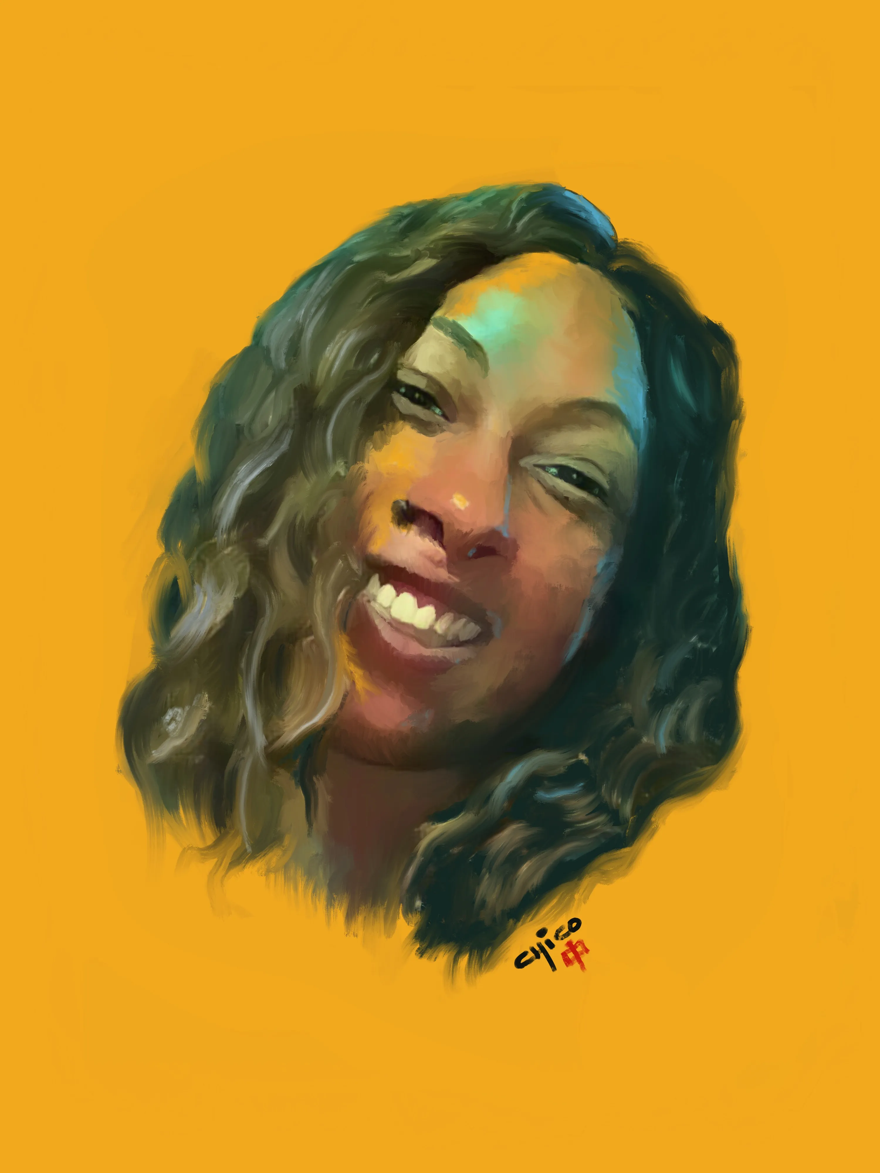 A painted portrait of a smiling woman with wavy hair against a solid yellow background.
