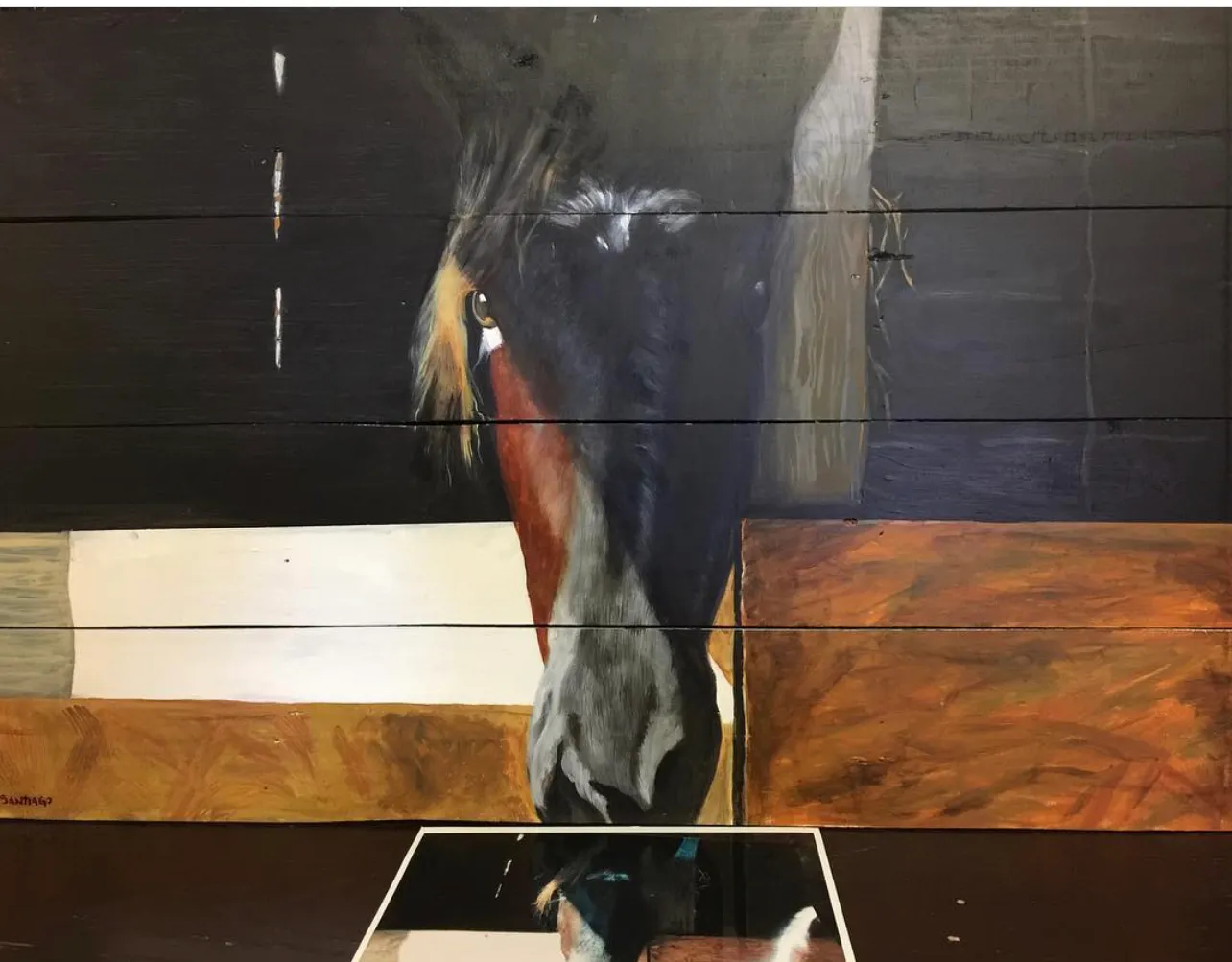 An oil painting of a dark horse's head leaning over a stable door, painted on wood panel.