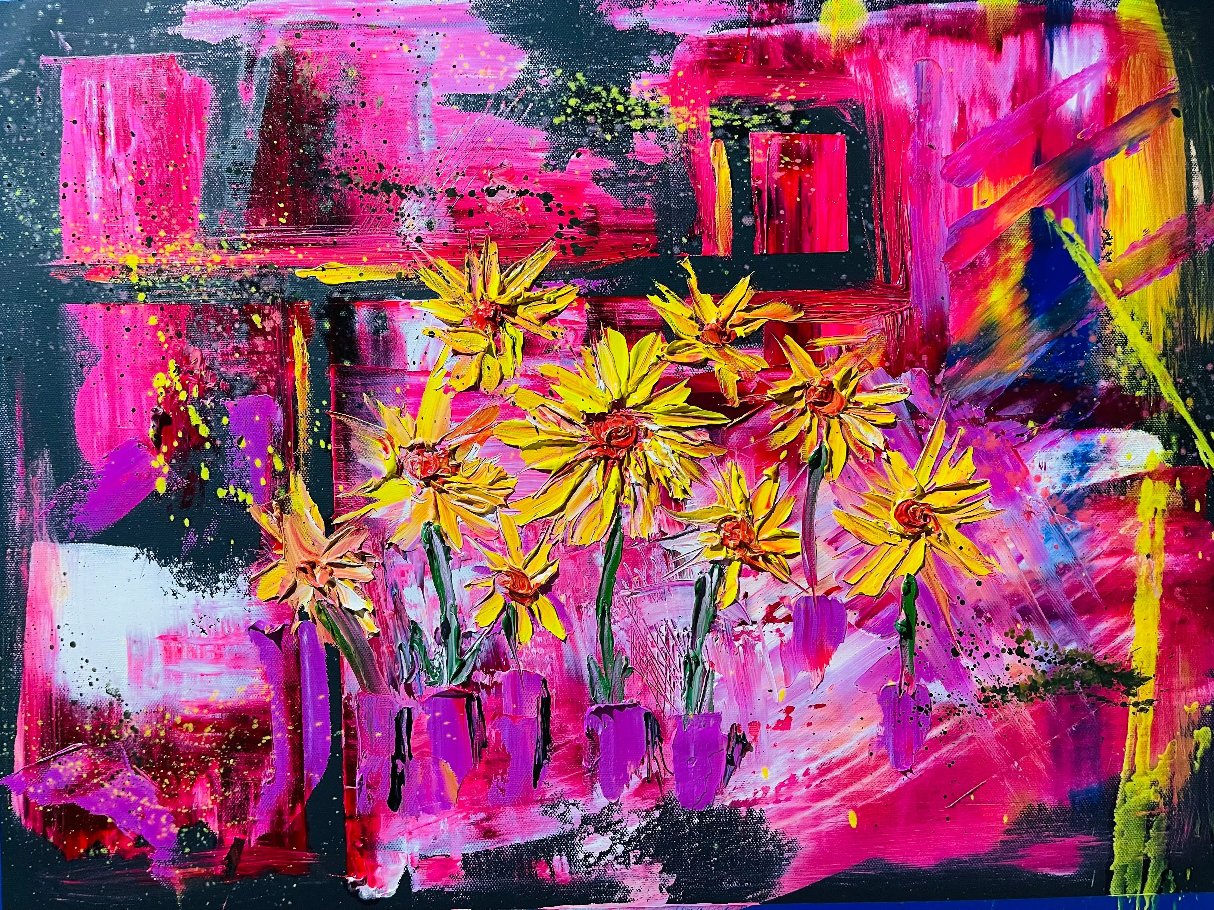 An acrylic painting of yellow sunflowers in small pots against a bright pink and black background.
