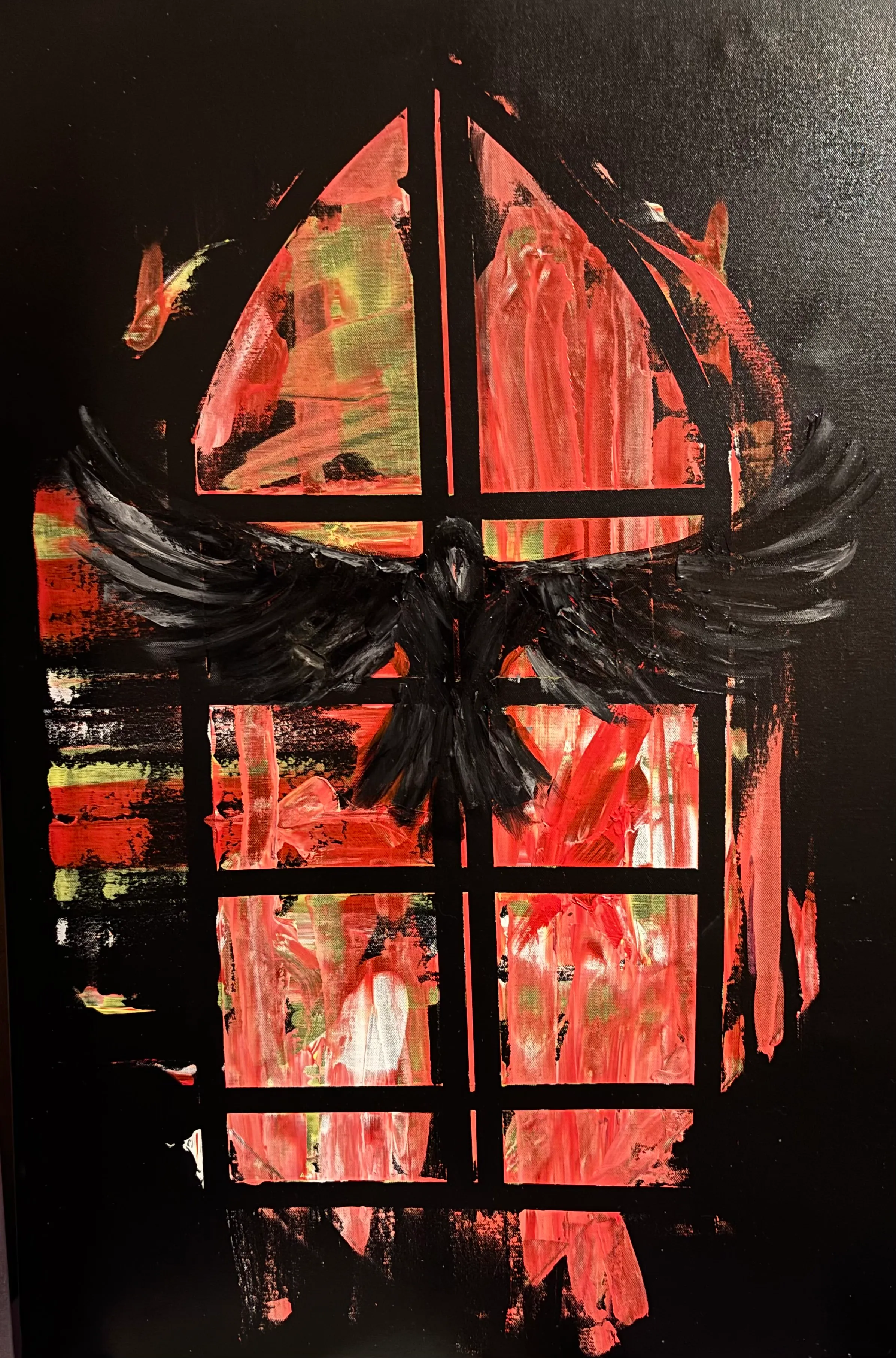 An acrylic painting of a black raven with outstretched wings in front of a red-lit arched window.