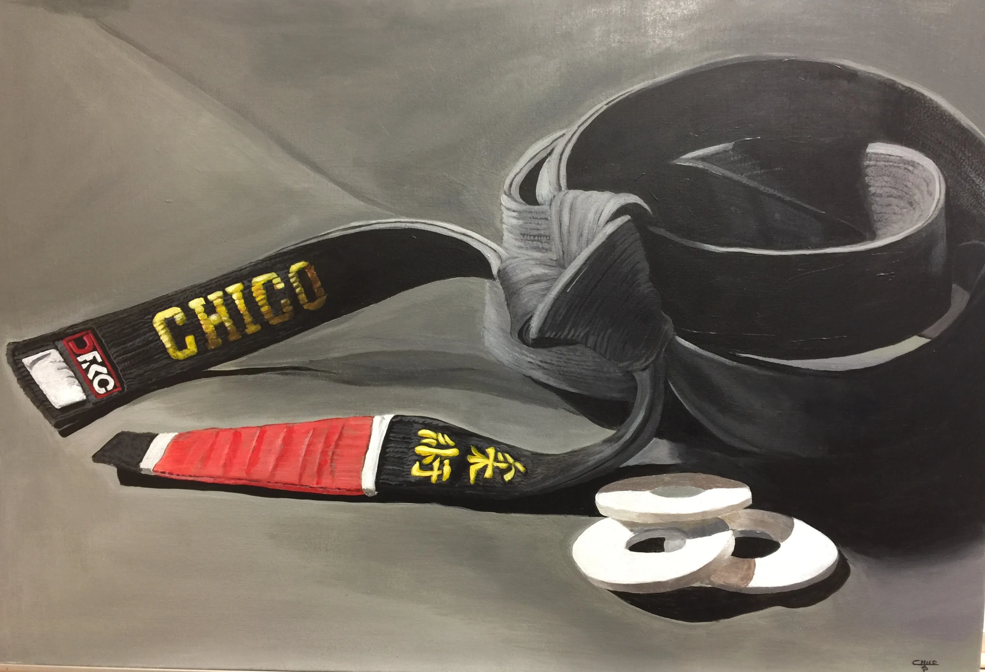 An oil painting still life of a  jiu jitsu black belt embroidered with the name Chico.