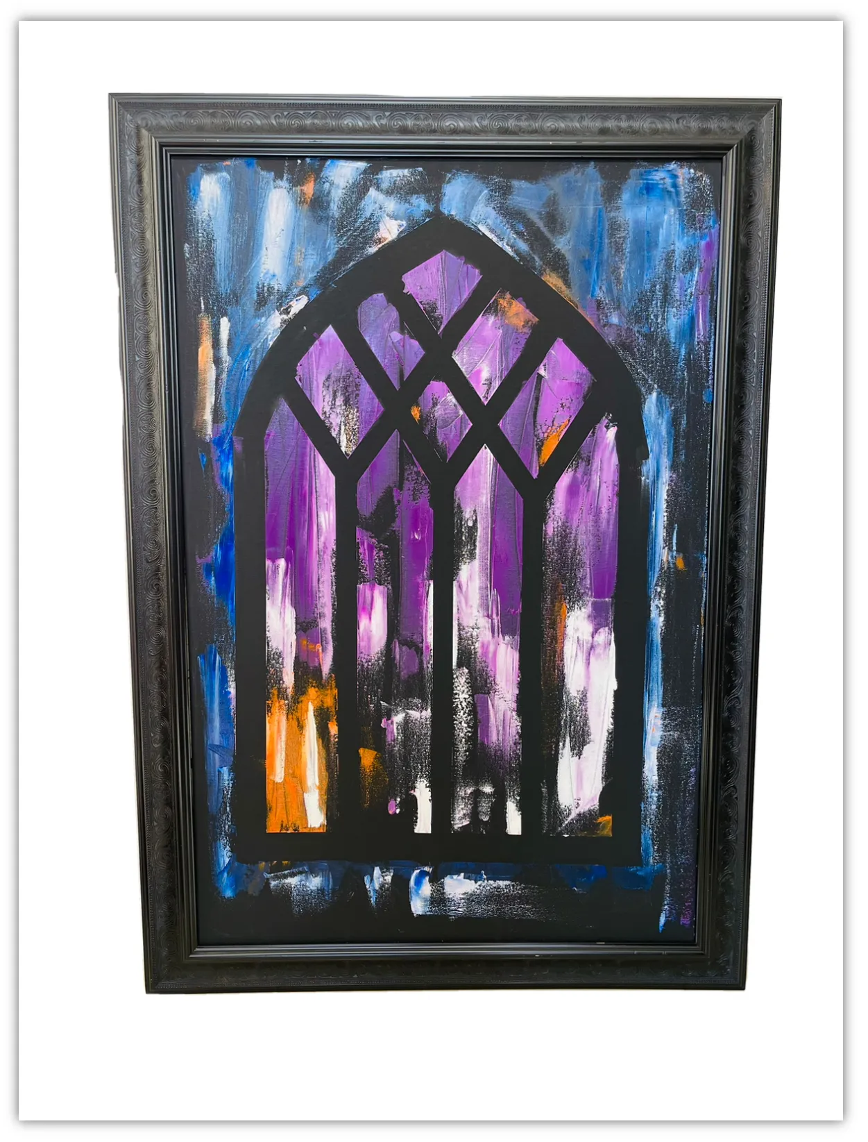 A framed acrylic painting of a gothic arched window in shades of violet and blue.