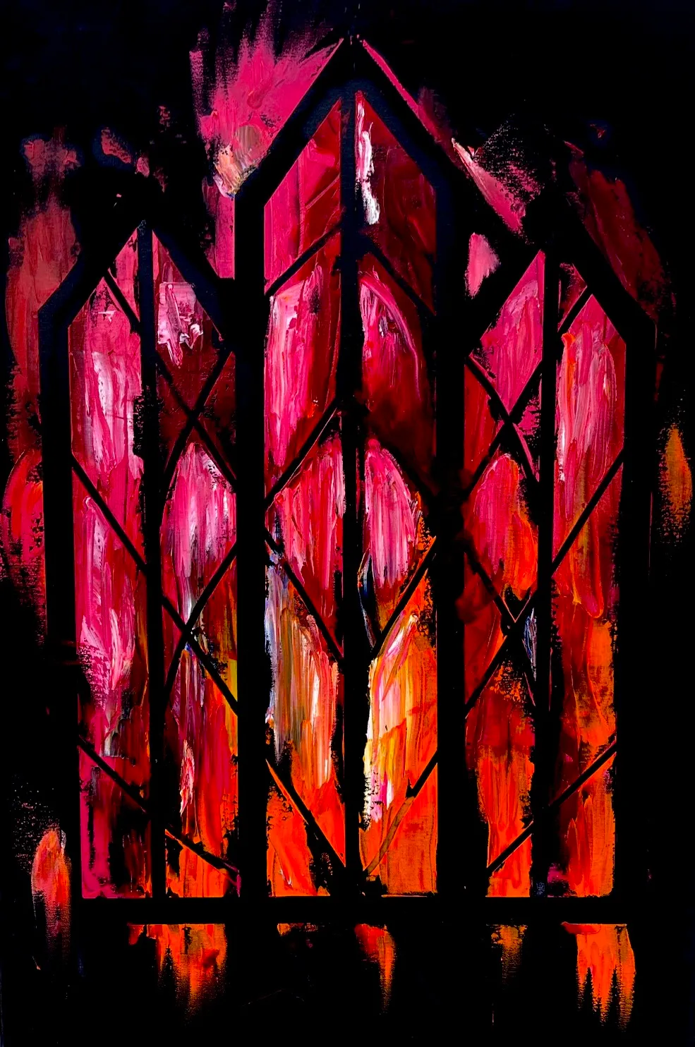 An acrylic painting of a fiery orange and pink stained glass window with a black bird flying across it.