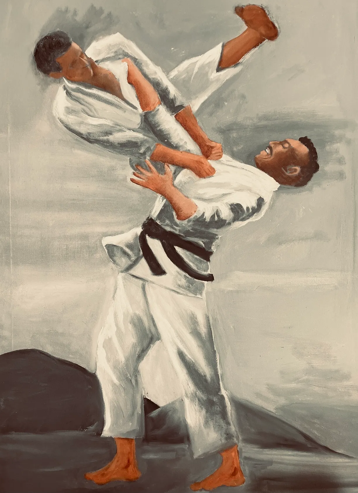 A black-and-white oil painting of two judoka mid-throw during a match.
