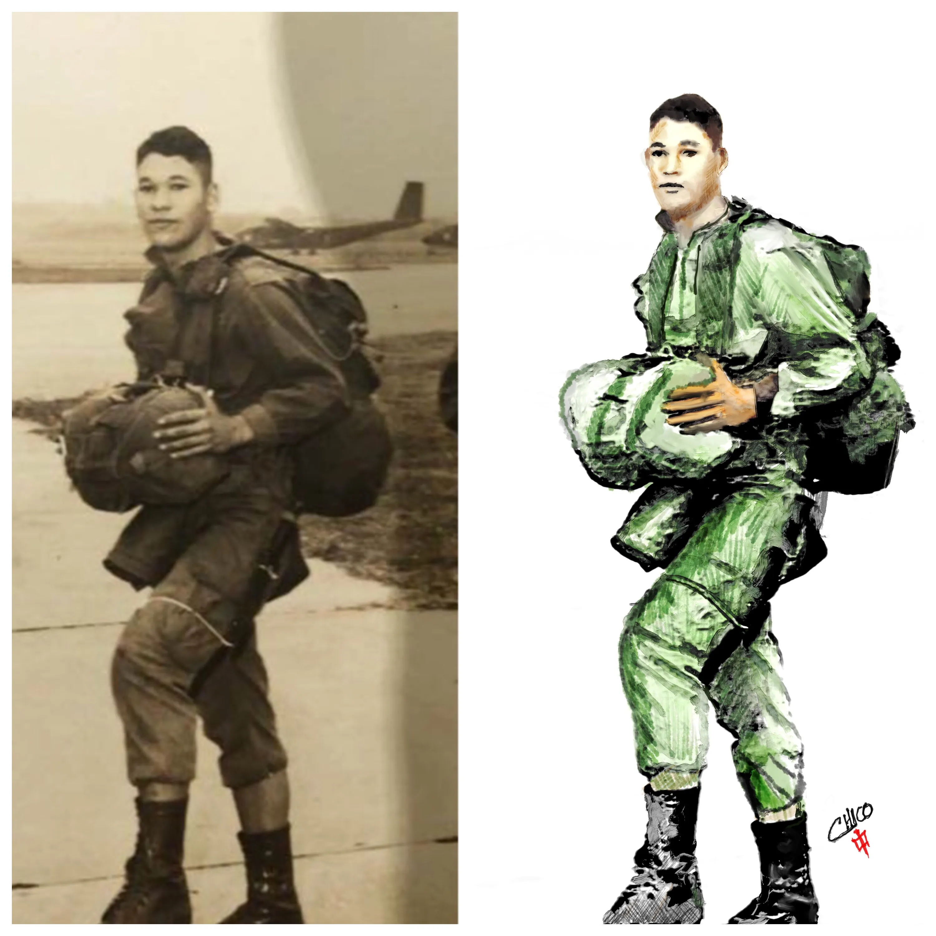 Side-by-side comparison of a vintage sepia photo of a paratrooper and a colorized illustrated version.