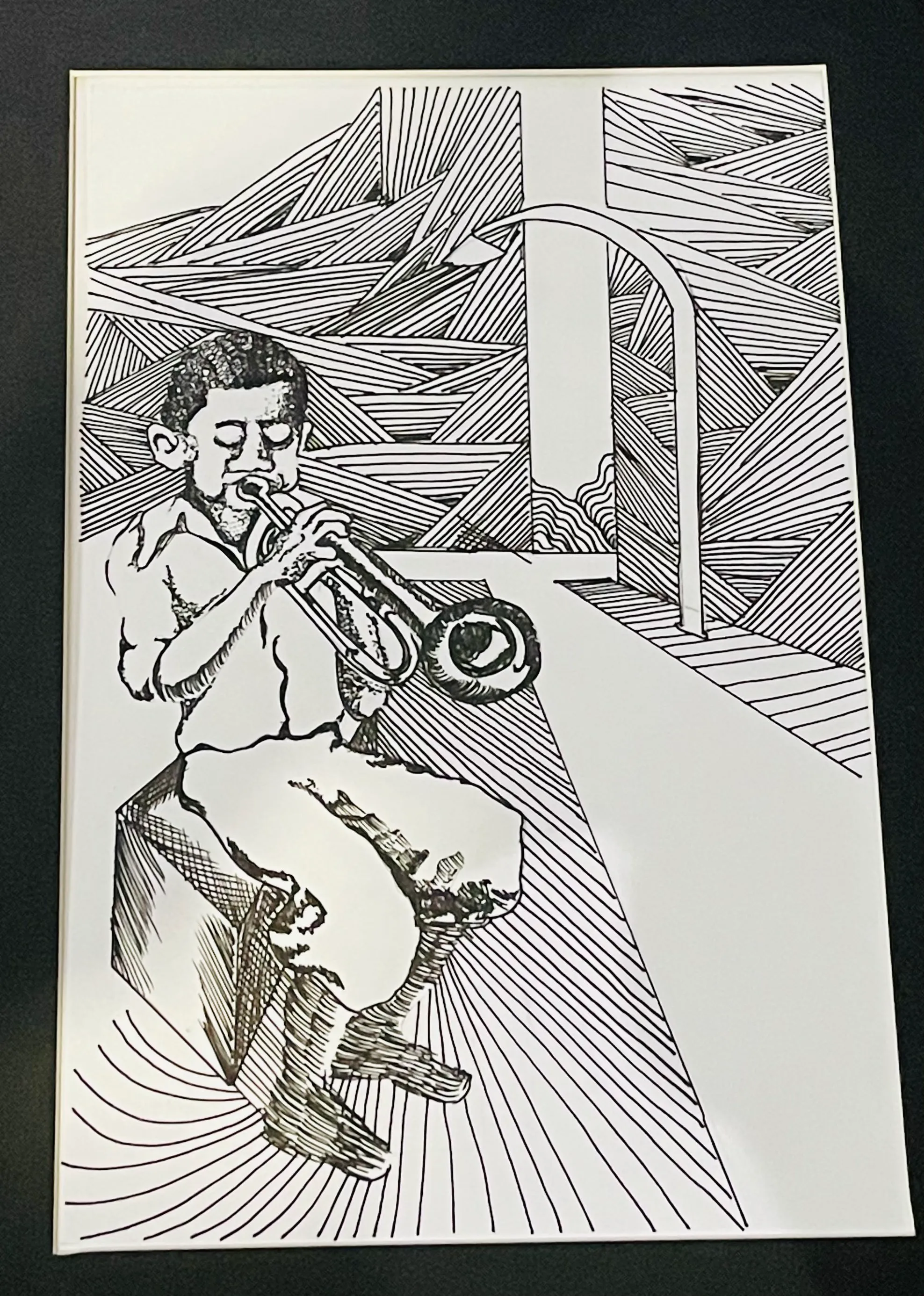 A black ink drawing of a youngster playing trumpet, seated against a geometric radiating background.