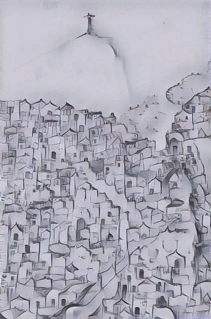 A grayscale illustration of a hillside favela with a distant statue on the hilltop.