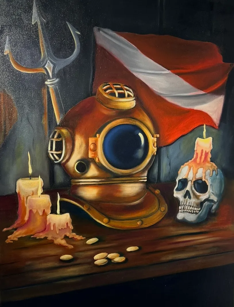 oil painting still life of a diving helmet, dive flag, melted candles, and a skull. An