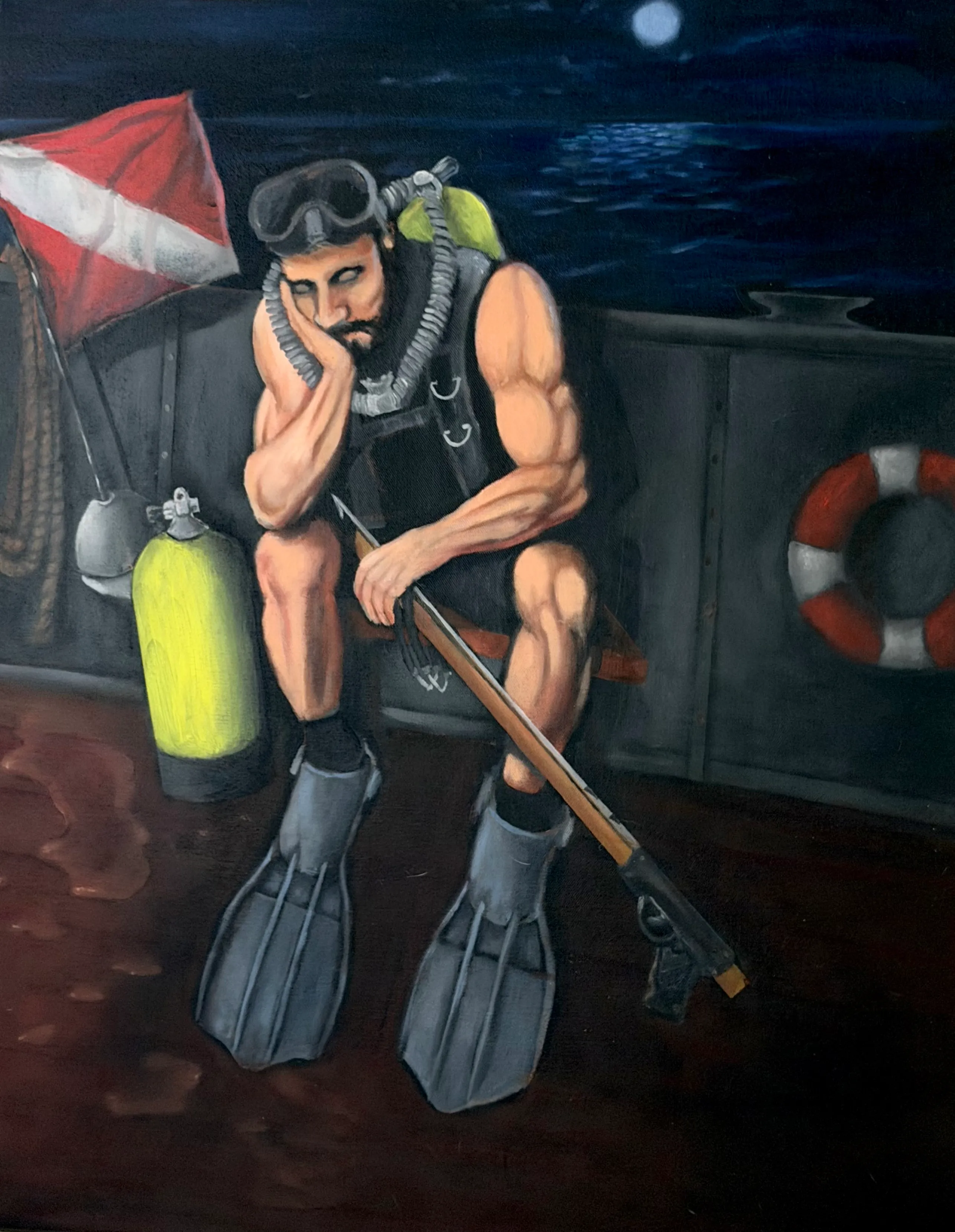 An oil painting of a bearded spearfisherman resting his head on his hand beside dive gear on a boat.
