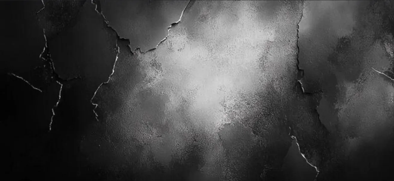 A wide abstract textured painting in black and white, with cracked, weathered surface detail.